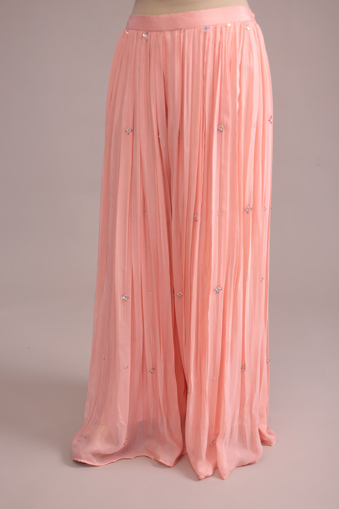 Peach Georgette  Suit Set with Cutdana, Mirror and Pearl work