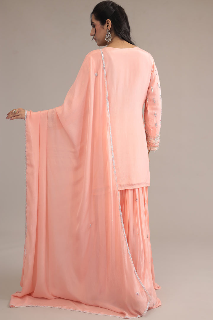 Peach Georgette  Suit Set with Cutdana, Mirror and Pearl work