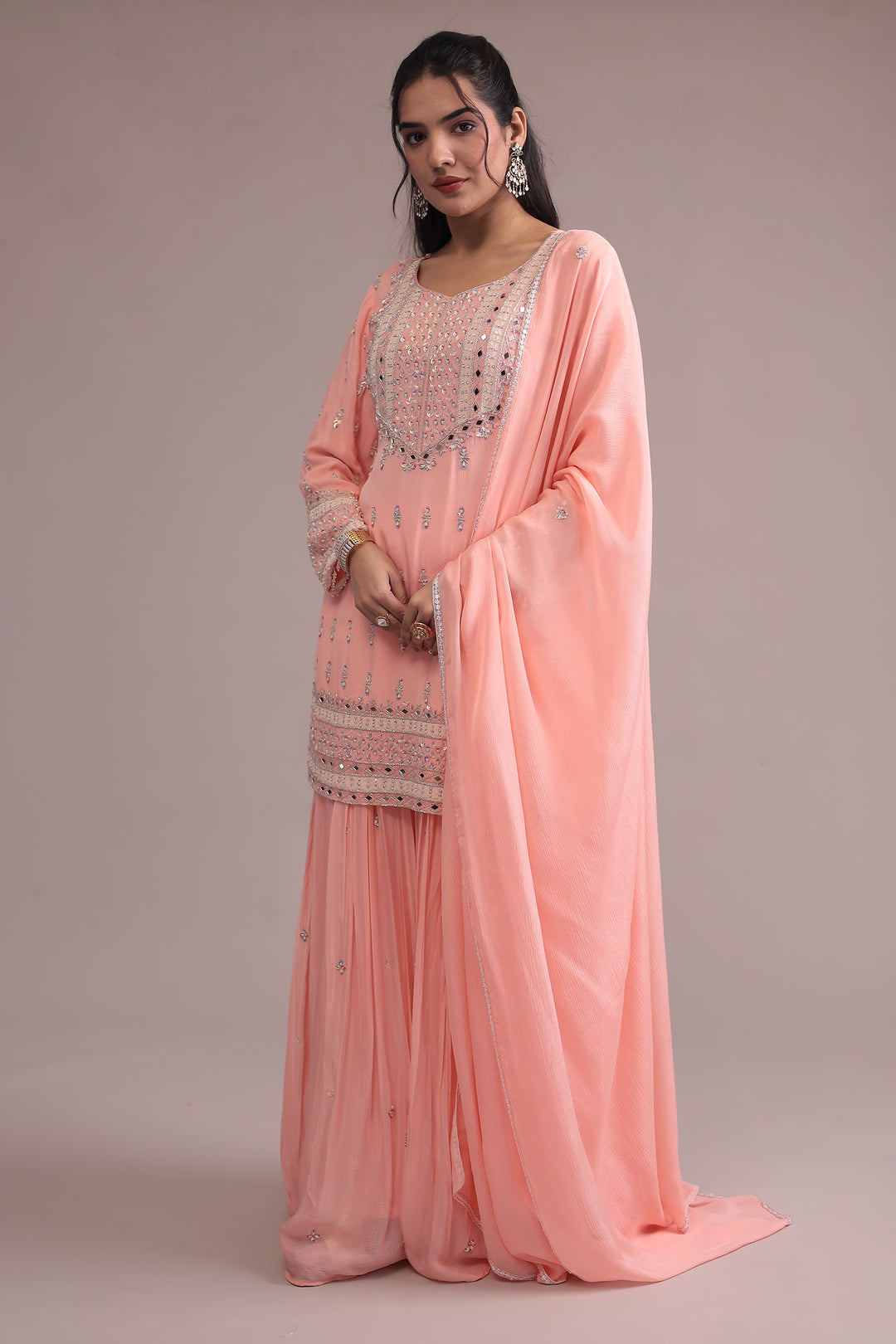 Peach Georgette  Suit Set with Cutdana, Mirror and Pearl work