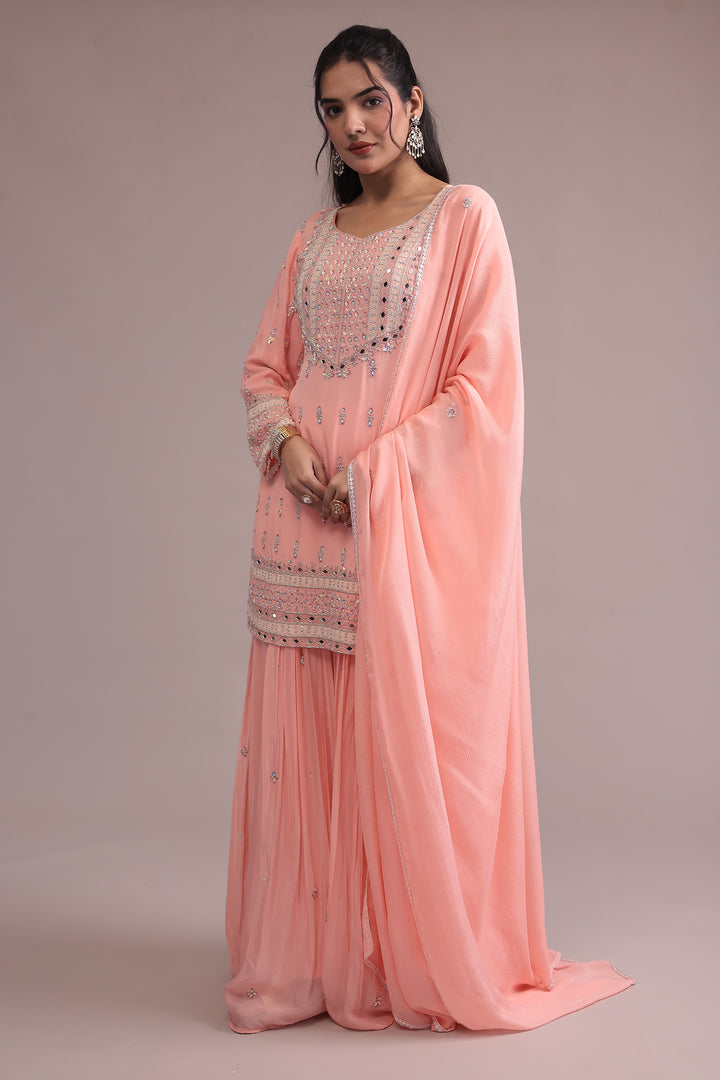 Peach Georgette  Suit Set with Cutdana, Mirror and Pearl work