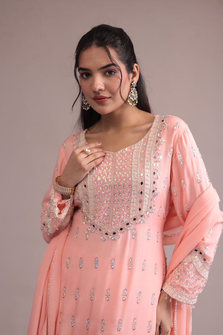 Peach Georgette  Suit Set with Cutdana, Mirror and Pearl work