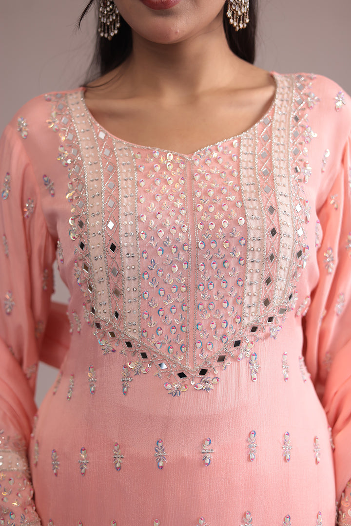Peach Georgette  Suit Set with Cutdana, Mirror and Pearl work