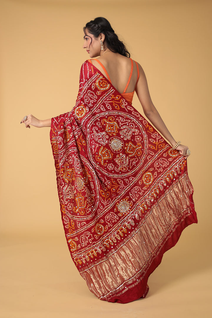 Elegant Gajji Silk Bandhej Saree with Aari and Gota work
