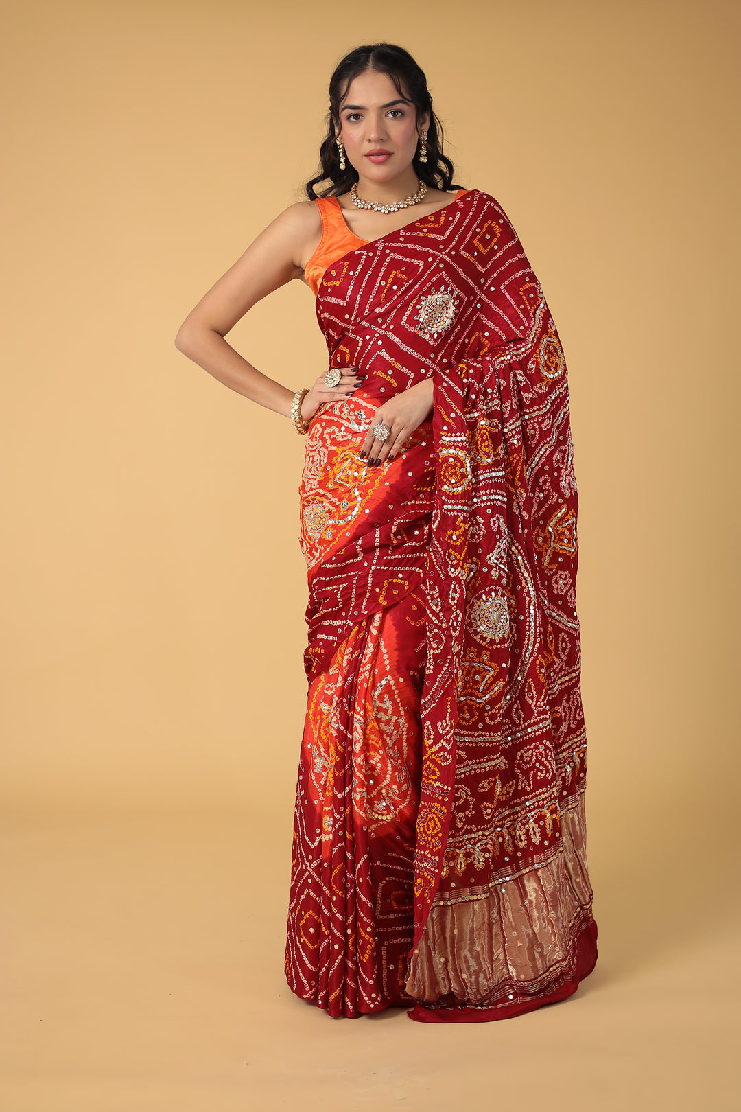 Elegant Gajji Silk Bandhej Saree with Aari and Gota work