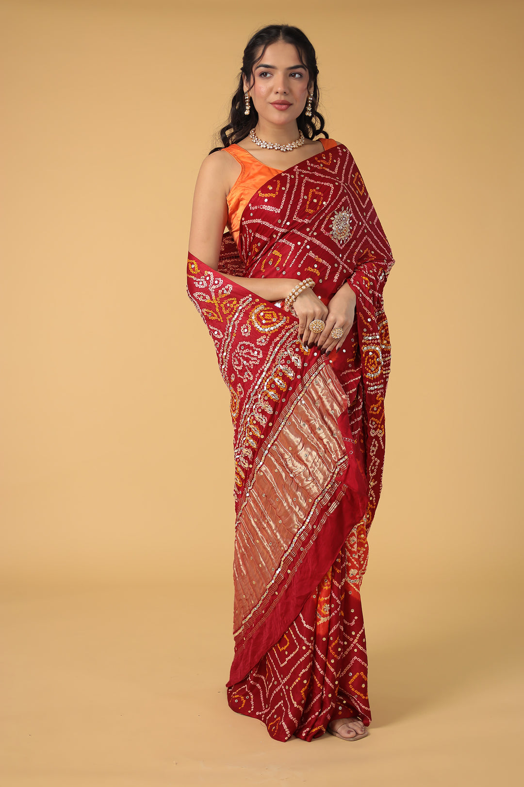Elegant Gajji Silk Bandhej Saree with Aari and Gota work