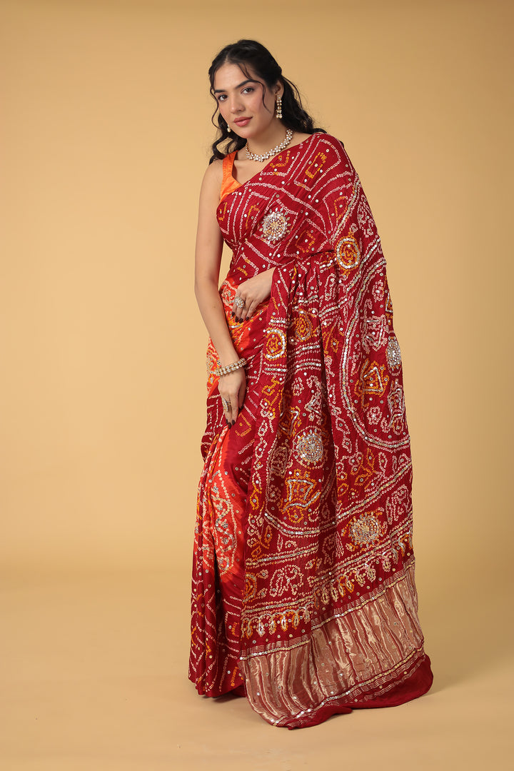 Elegant Gajji Silk Bandhej Saree with Aari and Gota work
