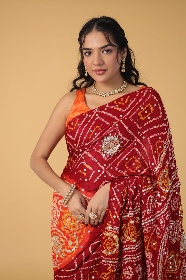Elegant Gajji Silk Bandhej Saree with Aari and Gota work