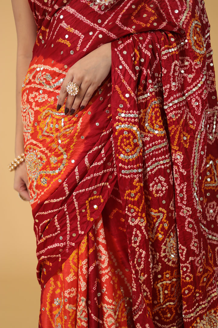 Elegant Gajji Silk Bandhej Saree with Aari and Gota work