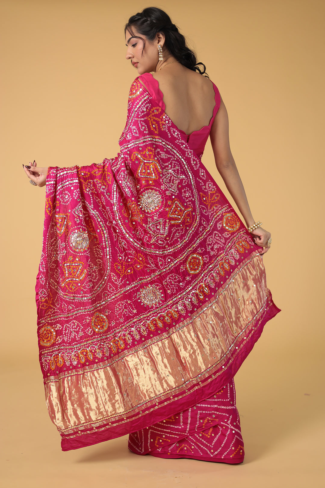 Elegant Gajji Silk Bandhej Saree with Aari and Gota work