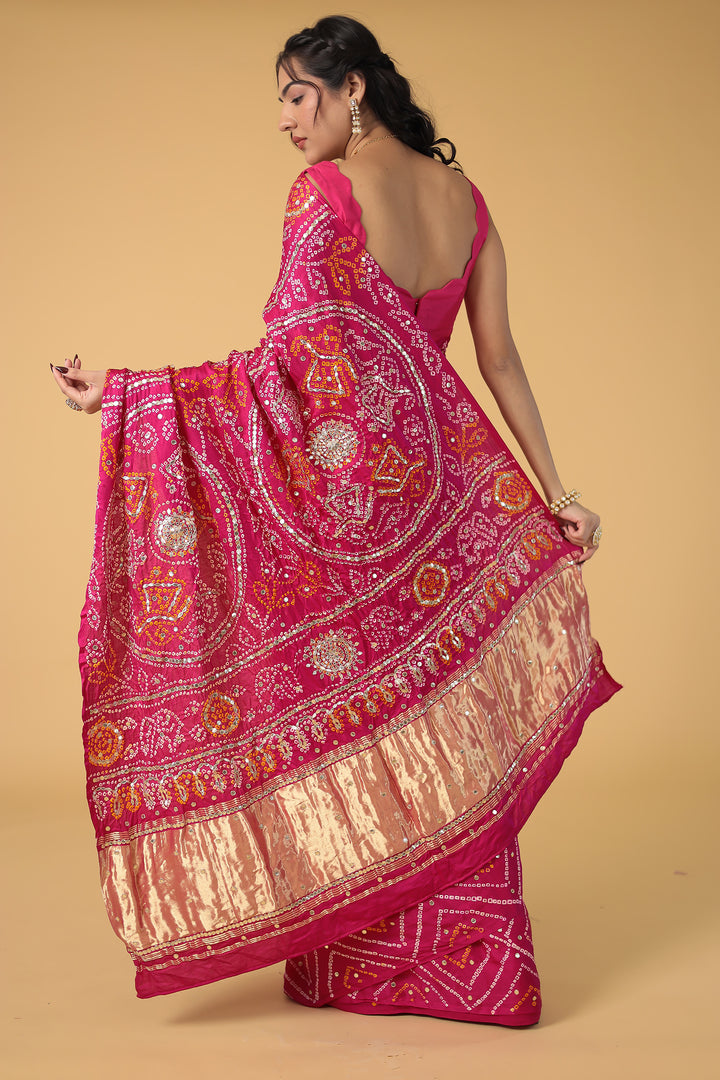 Elegant Gajji Silk Bandhej Saree with Aari and Gota work