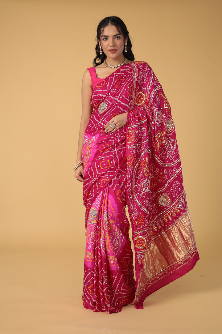 Elegant Gajji Silk Bandhej Saree with Aari and Gota work