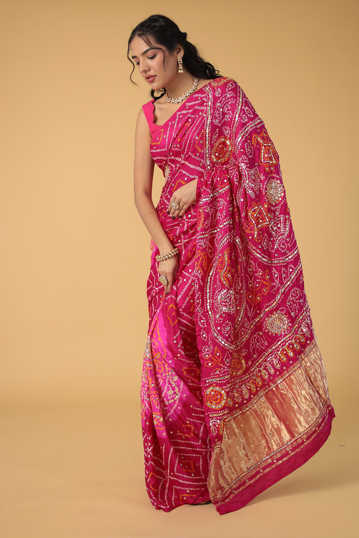 Elegant Gajji Silk Bandhej Saree with Aari and Gota work