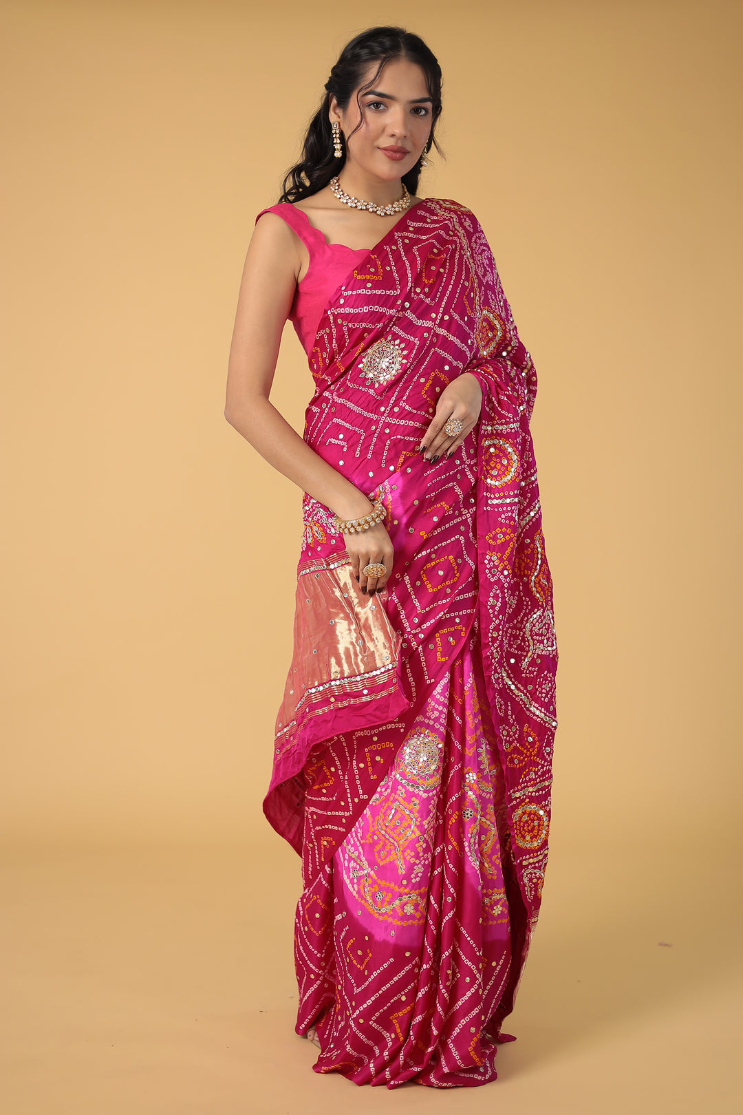 Elegant Gajji Silk Bandhej Saree with Aari and Gota work