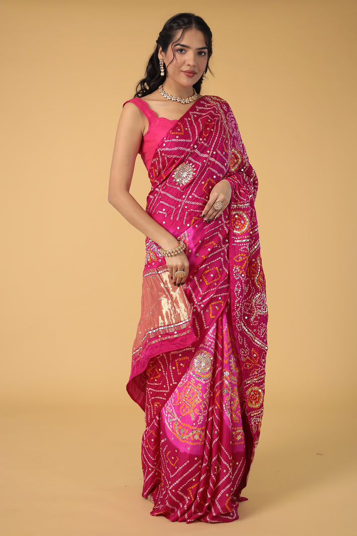Elegant Gajji Silk Bandhej Saree with Aari and Gota work