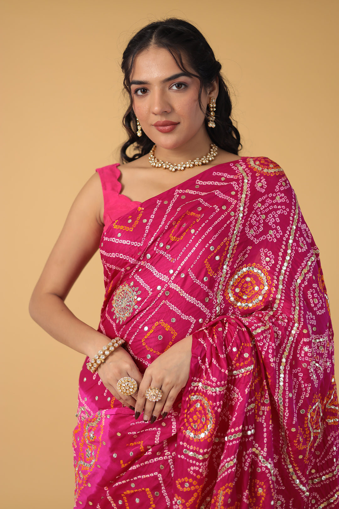 Elegant Gajji Silk Bandhej Saree with Aari and Gota work