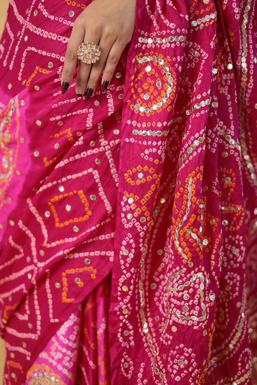 Elegant Gajji Silk Bandhej Saree with Aari and Gota work