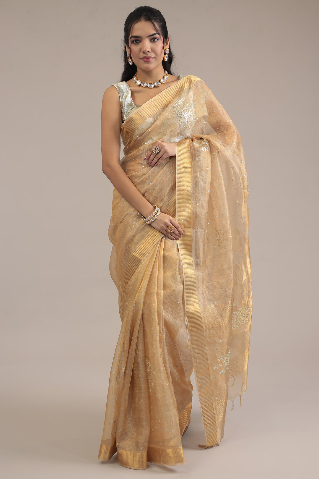 Gold Tissue Saree  with Aari and Gota Patti work