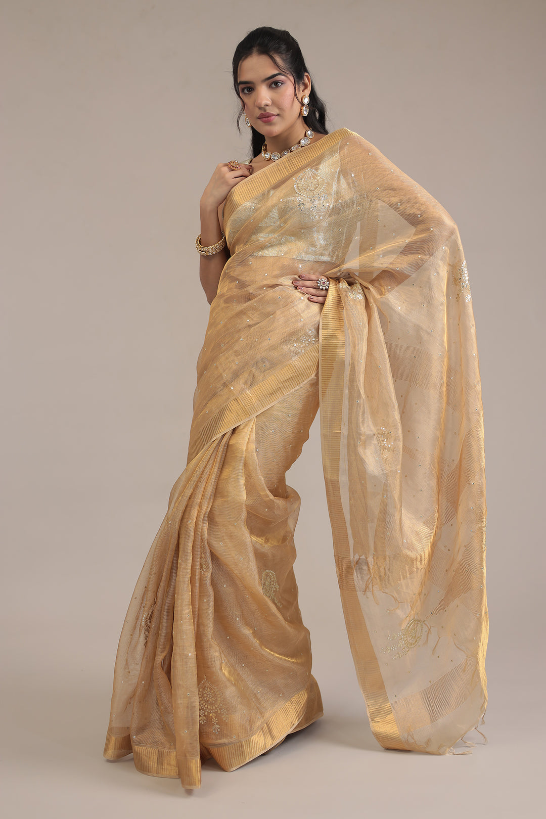 Gold Tissue Saree  with Aari and Gota Patti work