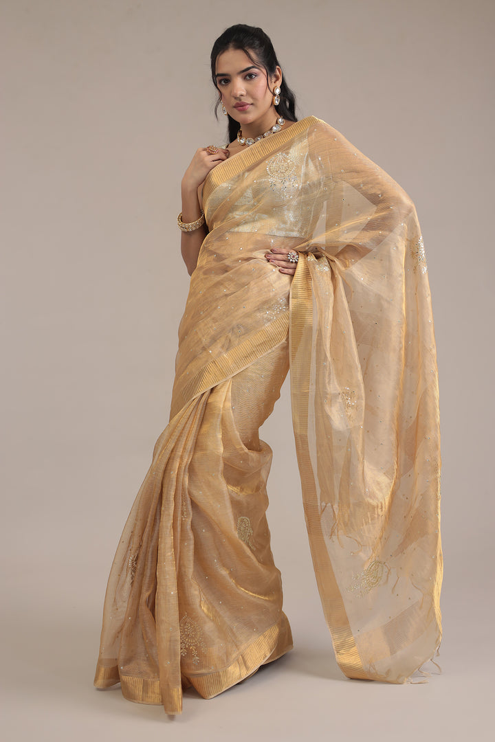 Gold Tissue Saree  with Aari and Gota Patti work