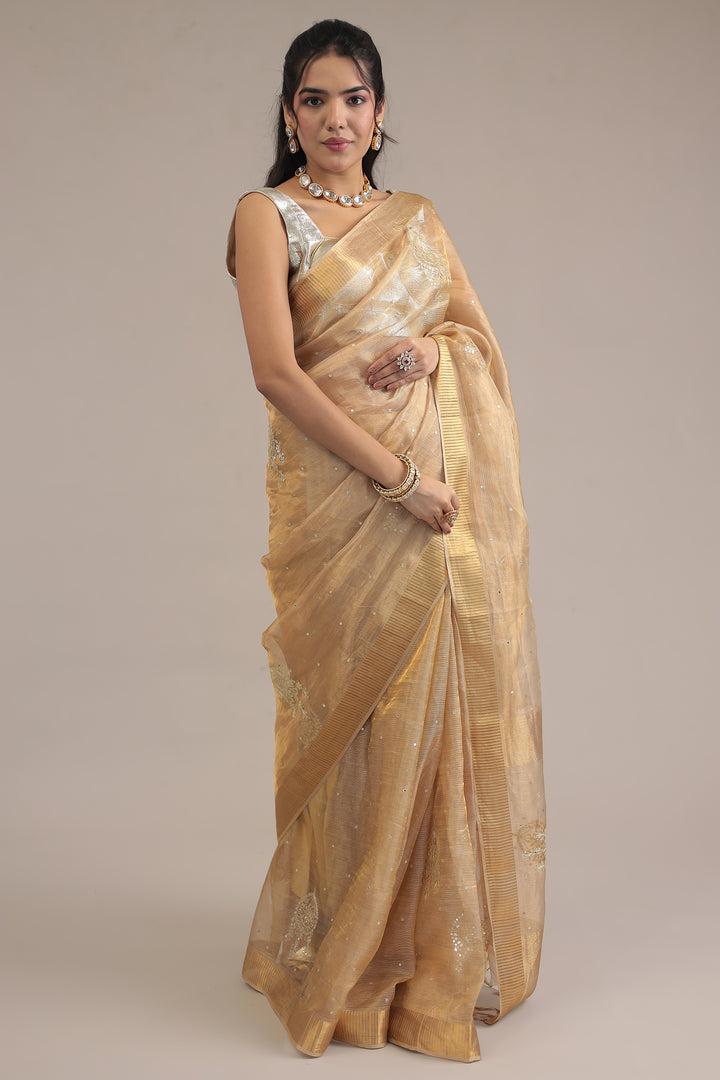 Gold Tissue Saree  with Aari and Gota Patti work