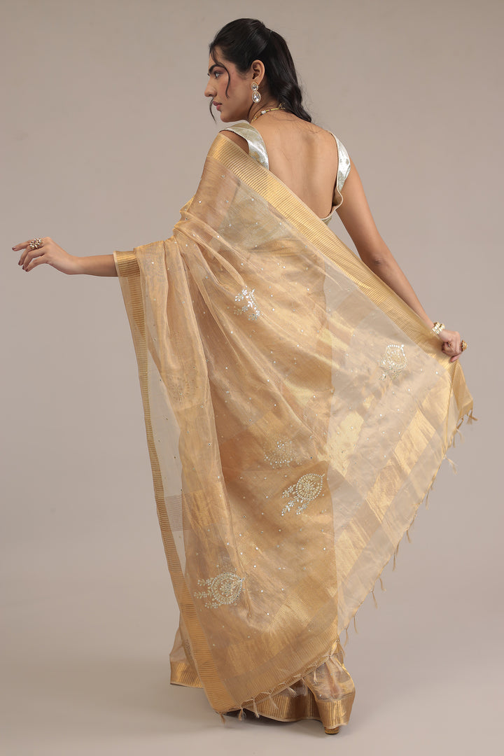 Gold Tissue Saree  with Aari and Gota Patti work
