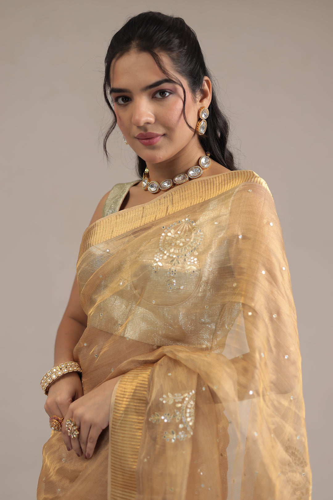 Gold Tissue Saree  with Aari and Gota Patti work