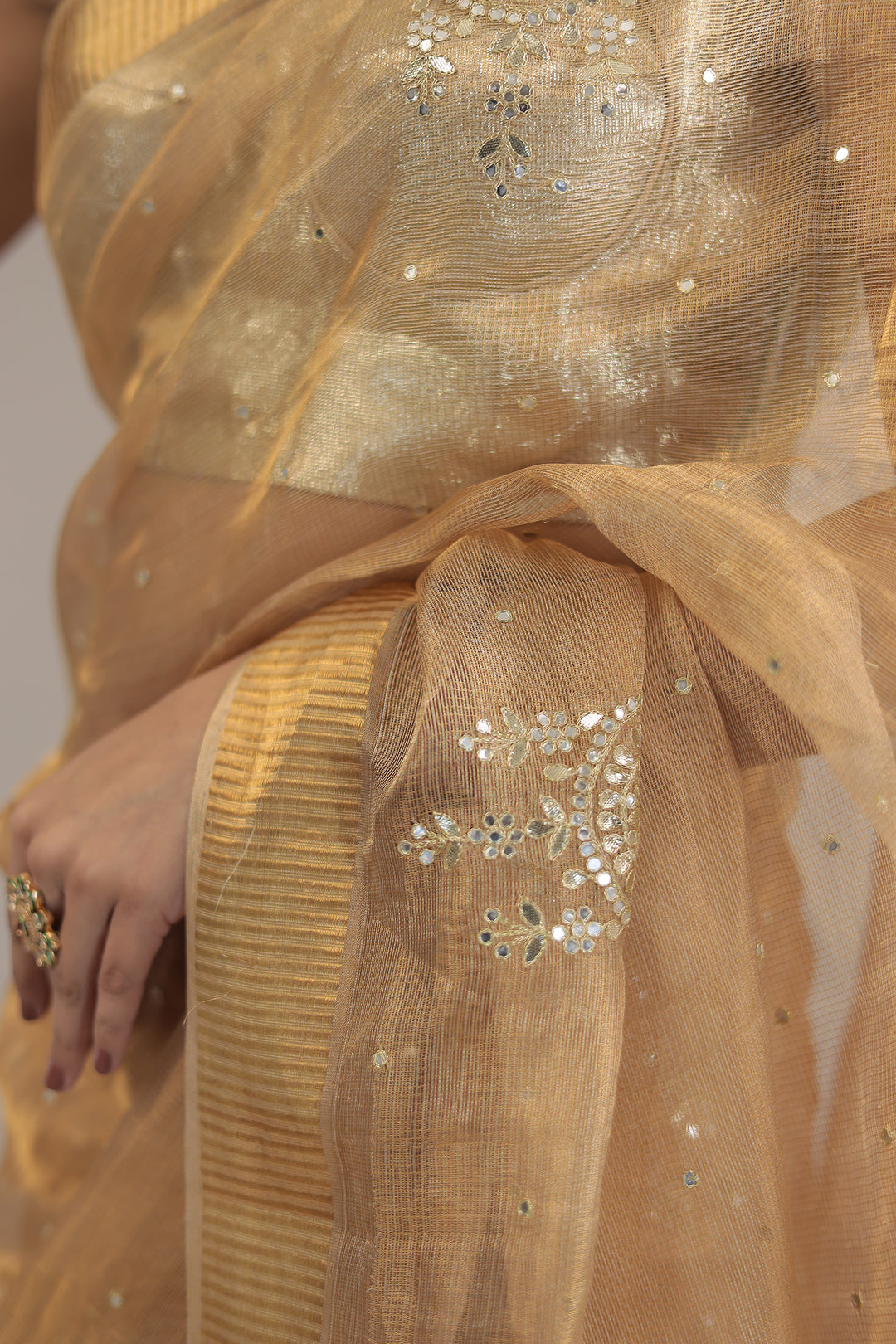 Gold Tissue Saree  with Aari and Gota Patti work