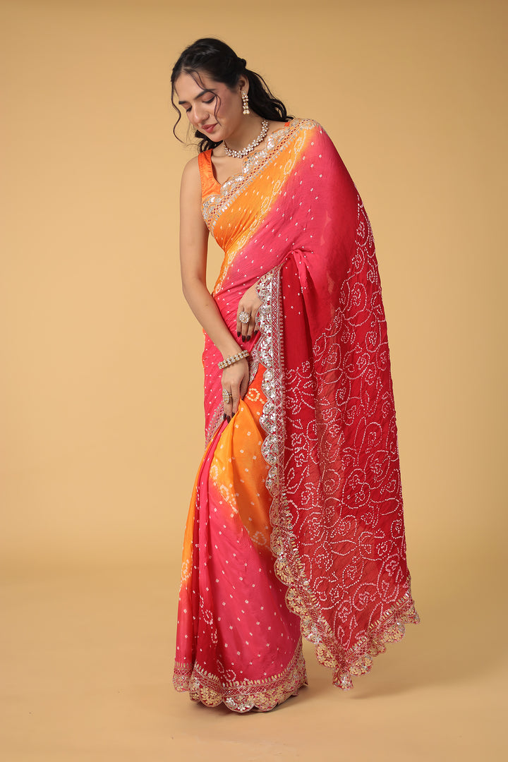 Red Bandhej Chiffon Saree Embroidered with Aari and Gota Patti Work