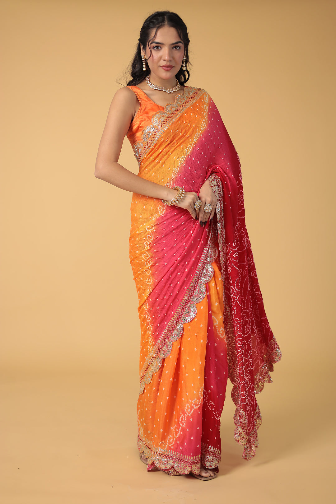 Red Bandhej Chiffon Saree Embroidered with Aari and Gota Patti Work