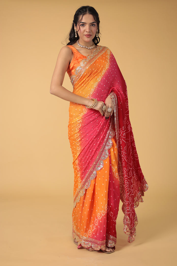 Red Bandhej Chiffon Saree Embroidered with Aari and Gota Patti Work