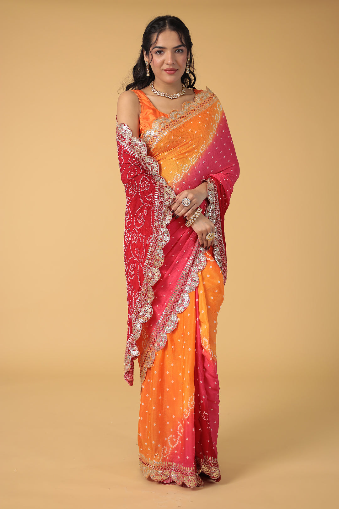 Red Bandhej Chiffon Saree Embroidered with Aari and Gota Patti Work