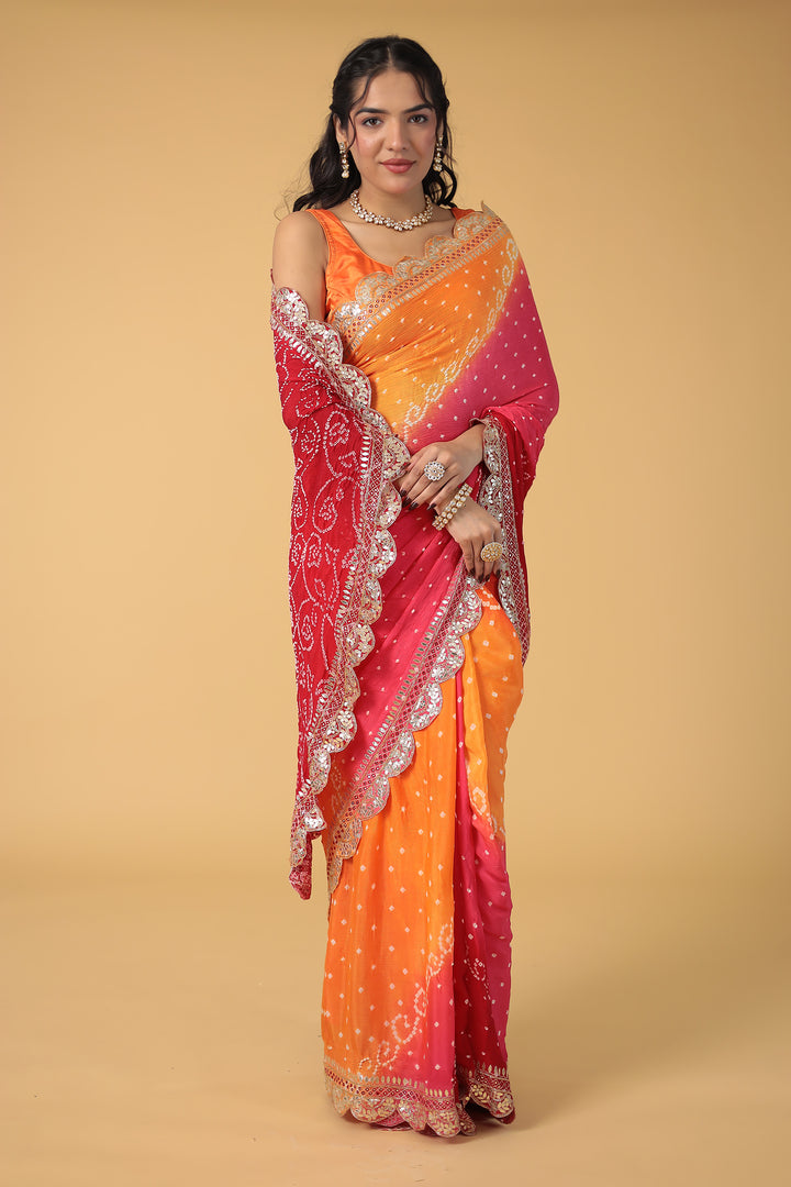 Red Bandhej Chiffon Saree Embroidered with Aari and Gota Patti Work
