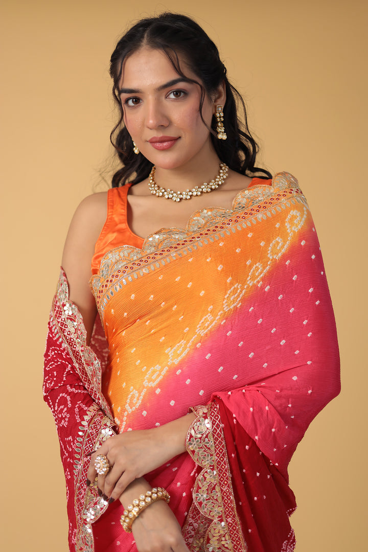 Red Bandhej Chiffon Saree Embroidered with Aari and Gota Patti Work