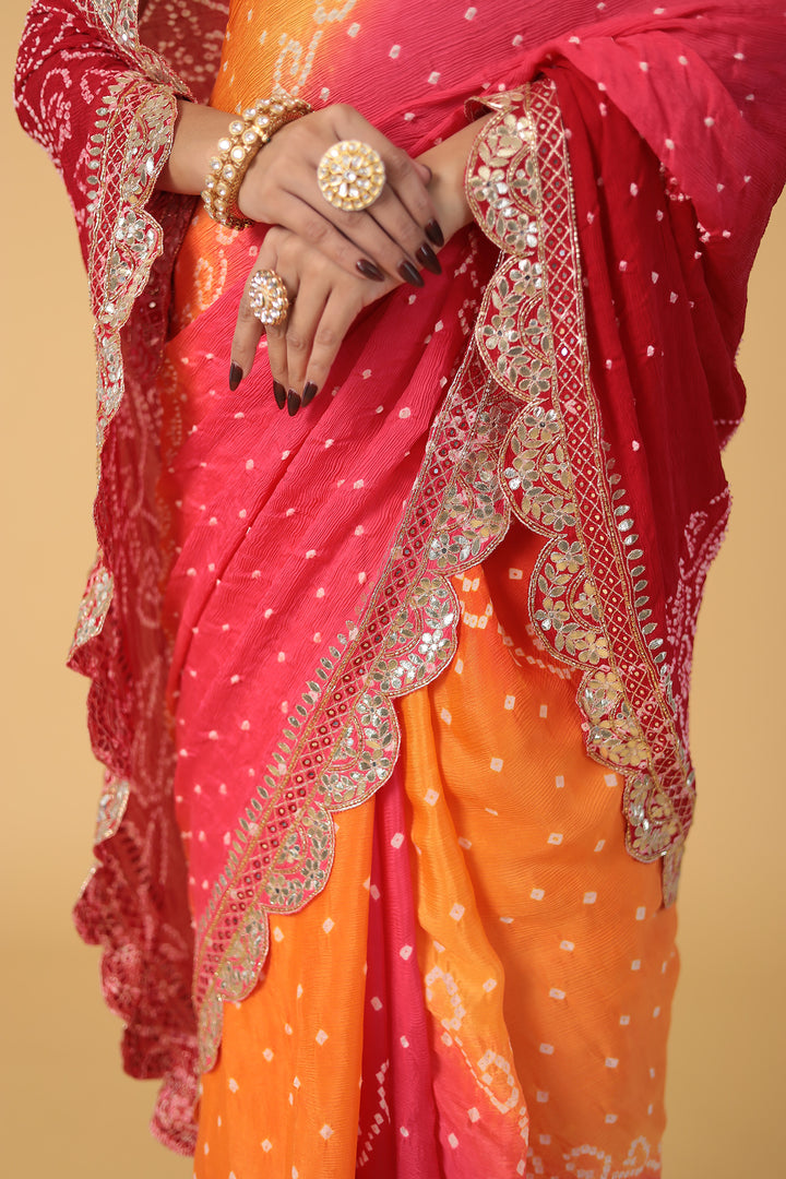 Red Bandhej Chiffon Saree Embroidered with Aari and Gota Patti Work