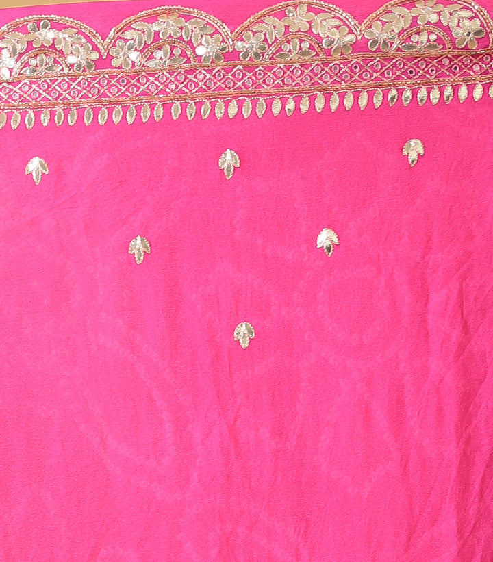 Red Bandhej Chiffon Saree Embroidered with Aari and Gota Patti Work