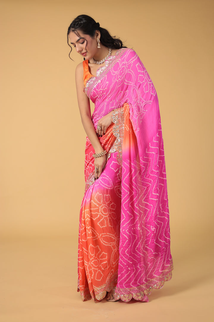 Red Bandhej Chiffon Saree Embroidered with Aari and Gota Patti Work