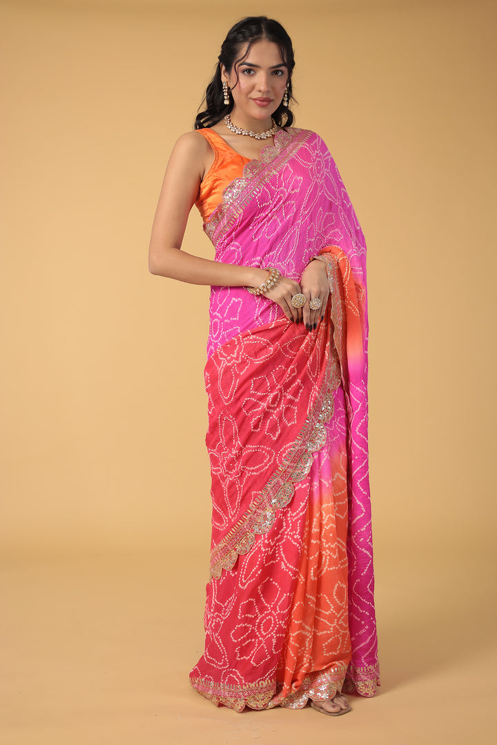 Red Bandhej Chiffon Saree Embroidered with Aari and Gota Patti Work