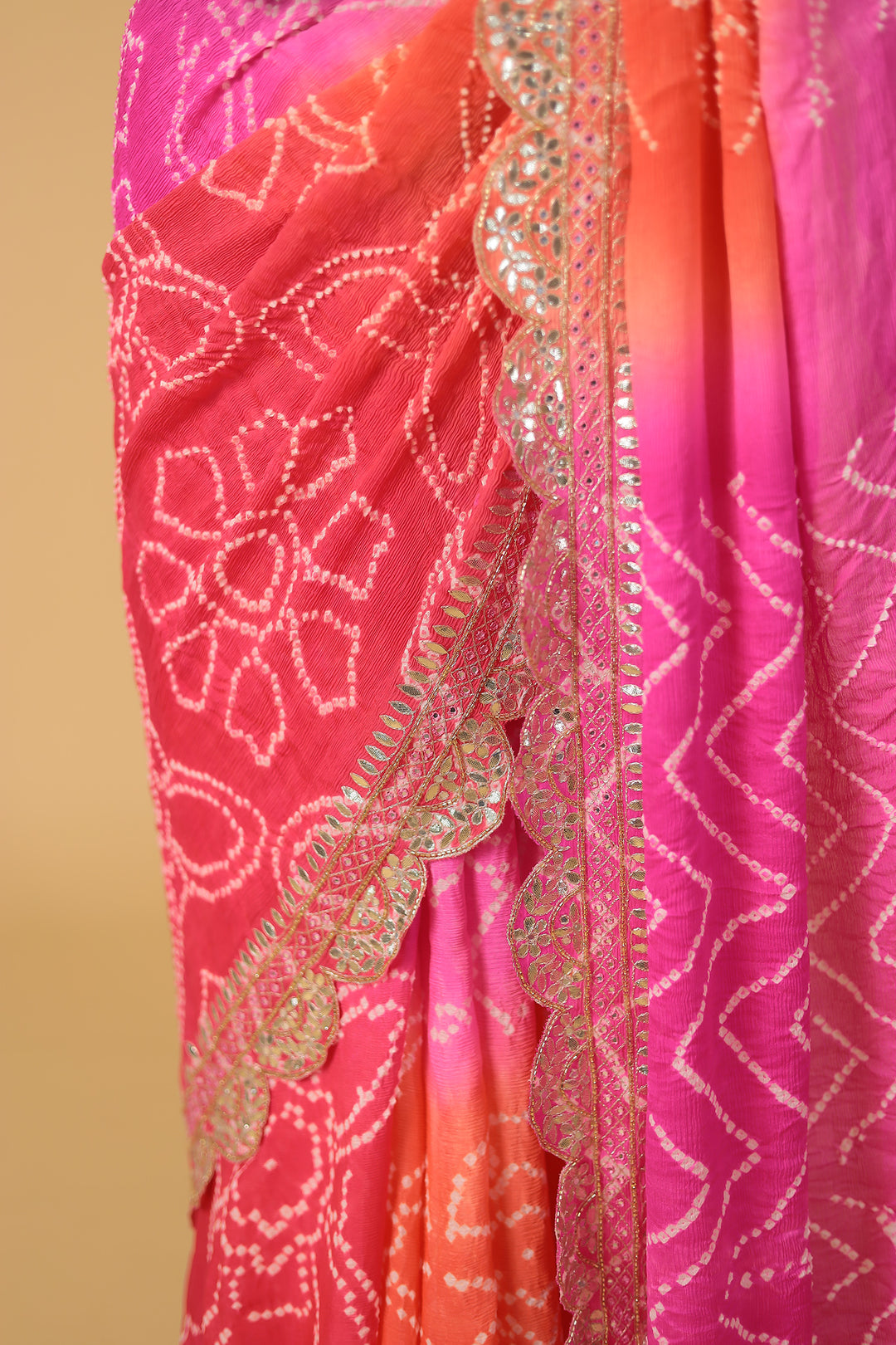 Red Bandhej Chiffon Saree Embroidered with Aari and Gota Patti Work