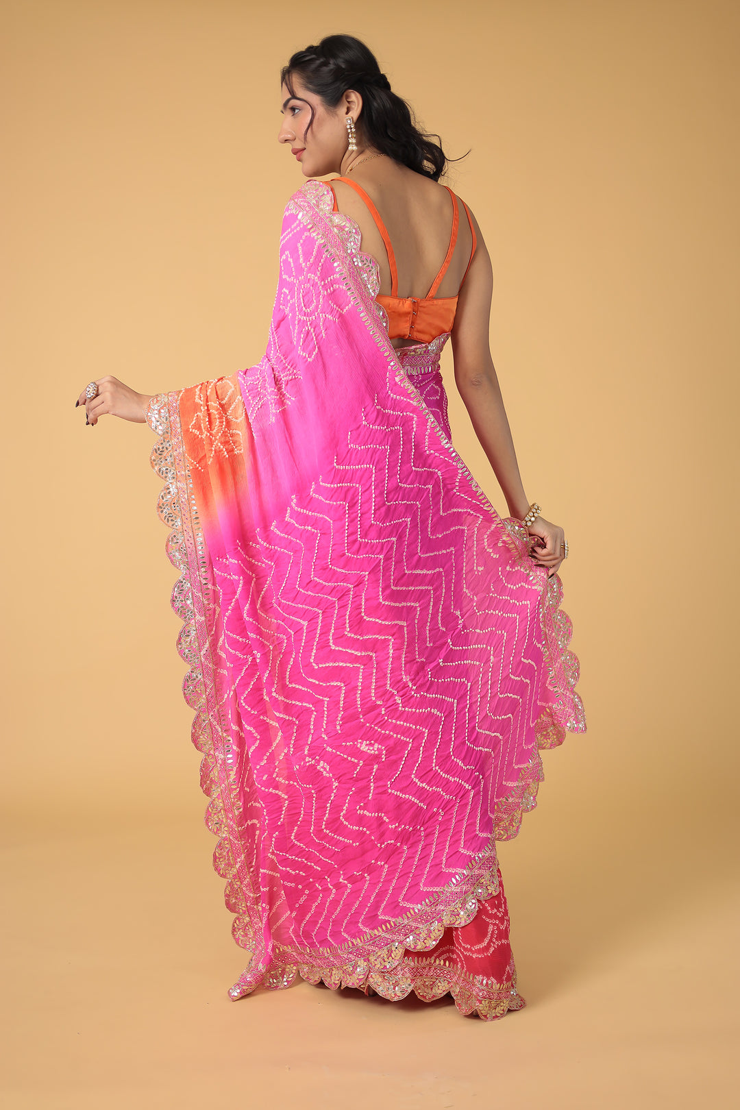 Red Bandhej Chiffon Saree Embroidered with Aari and Gota Patti Work
