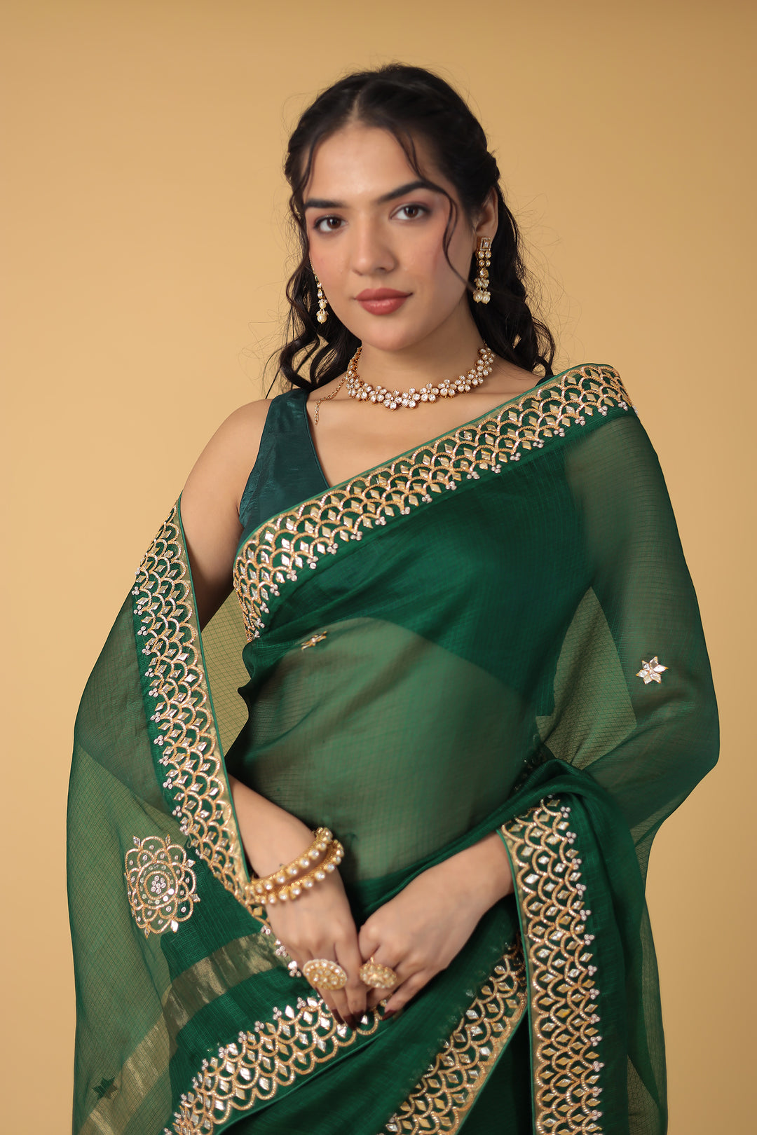 Kota Silk Saree with Detailed Gota and Pearl work Border