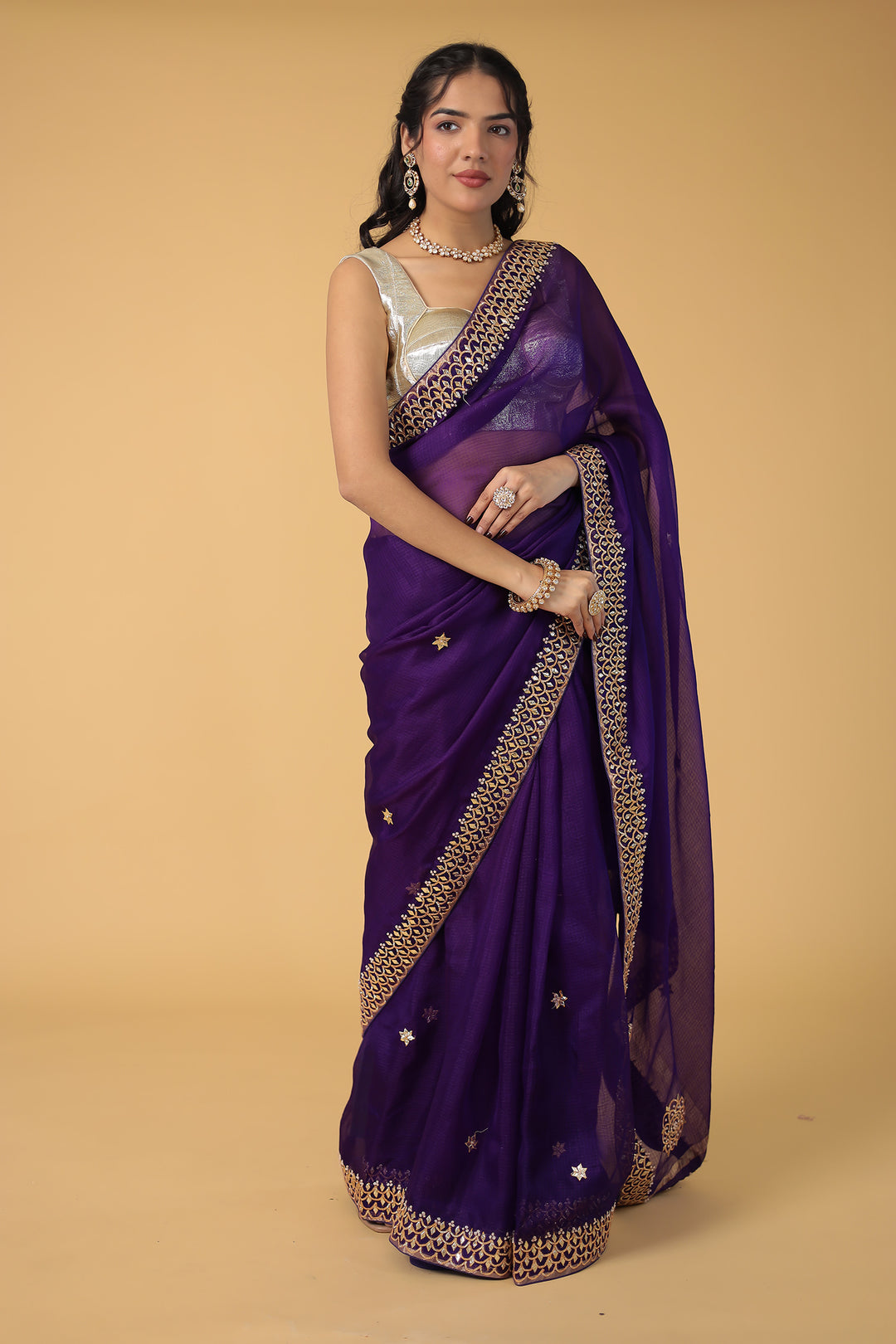 Kota Silk Saree with Detailed Gota and Pearl work Border