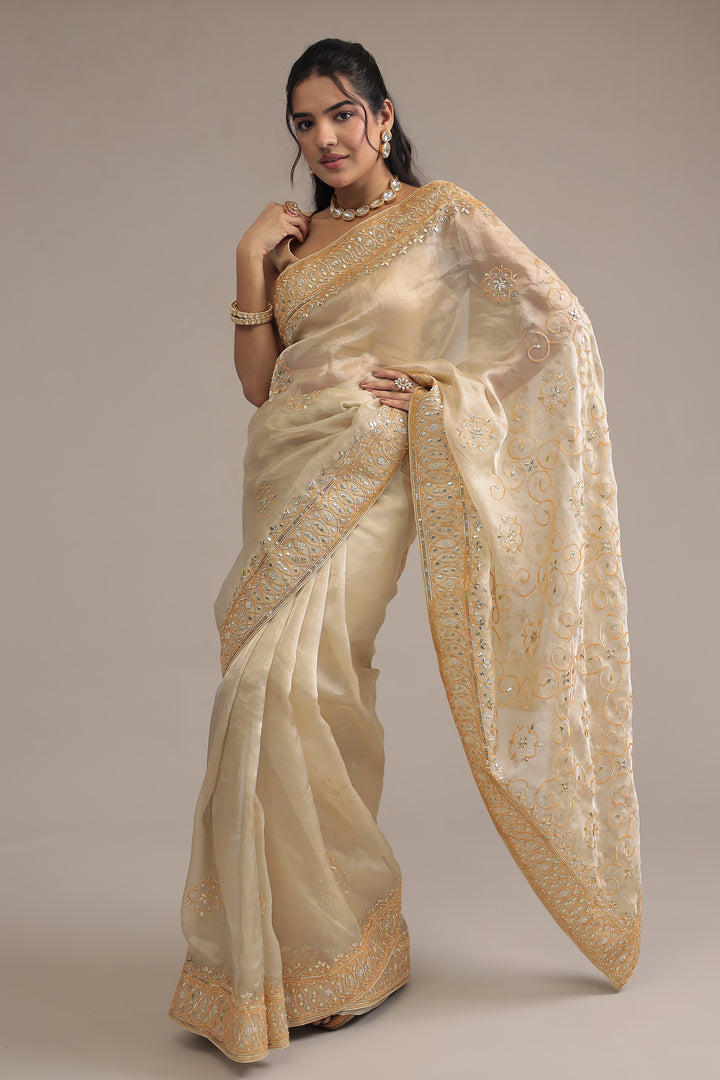 Cream Tissue Saree  with Gota and Gota Patti work