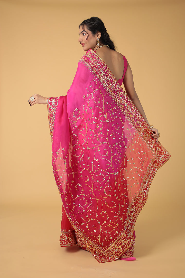 Double Shaded Red Organza Saree with Dori and Gota Patti work