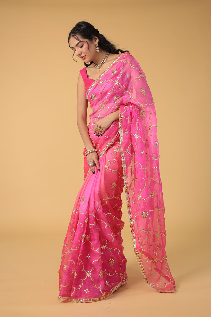 Shaded Kota Silk Saree Embroidered with Gota Patti work