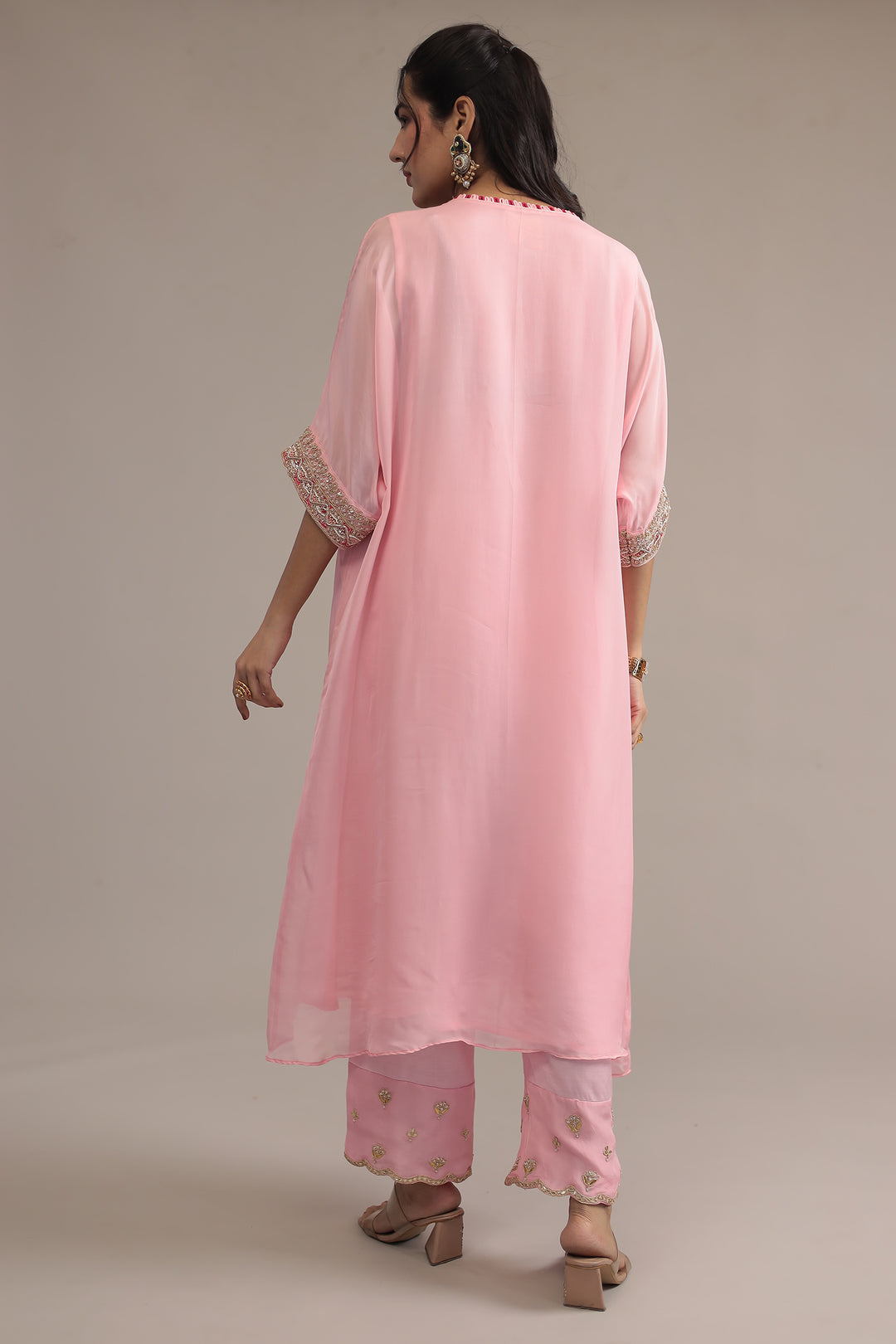 Light Pink Organza Kaftan with Dori, Gota Patti, Thread and Zardozi work