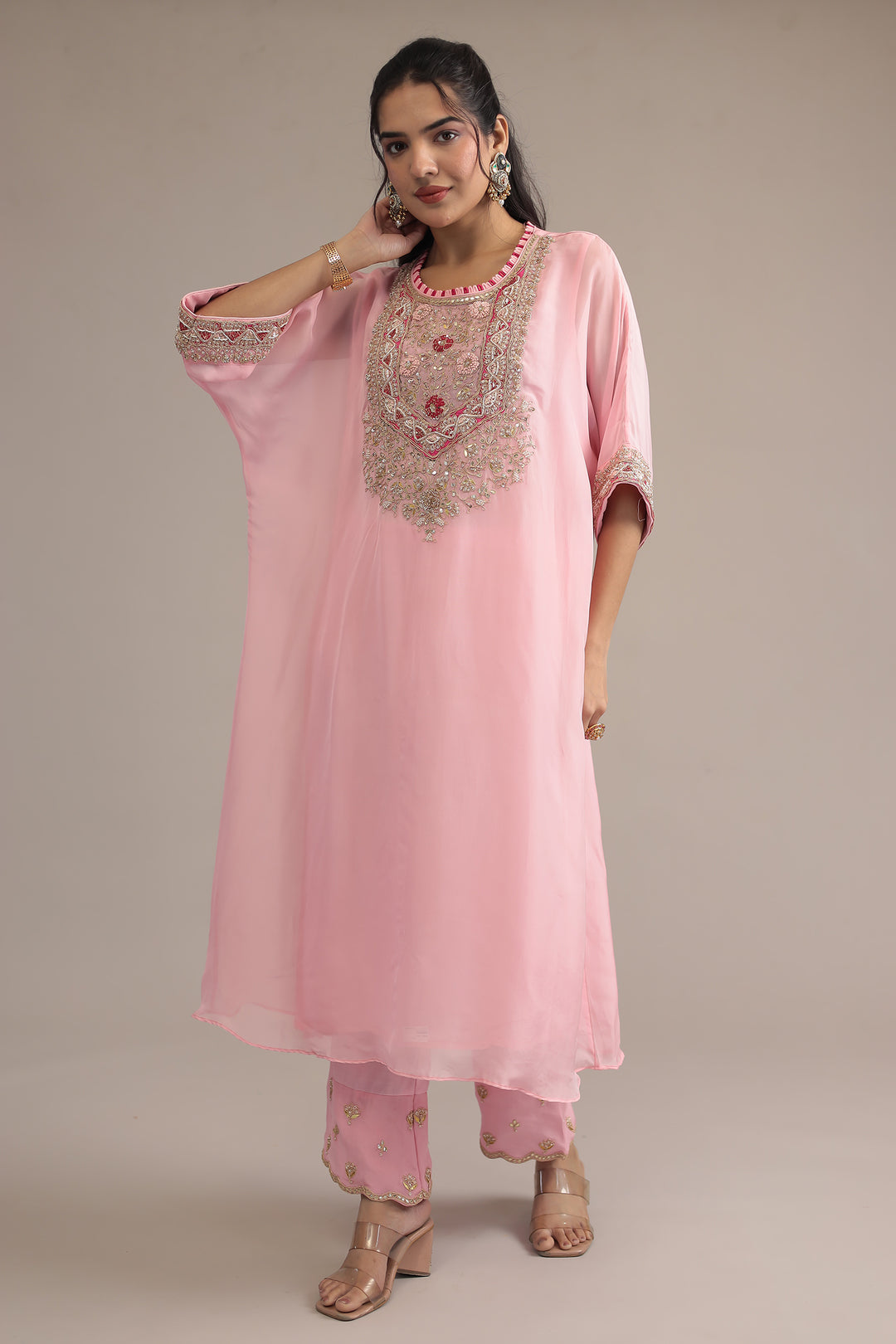 Light Pink Organza Kaftan with Dori, Gota Patti, Thread and Zardozi work