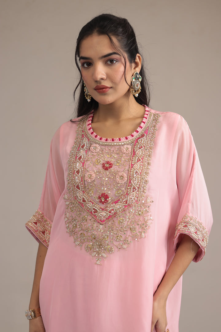 Light Pink Organza Kaftan with Dori, Gota Patti, Thread and Zardozi work