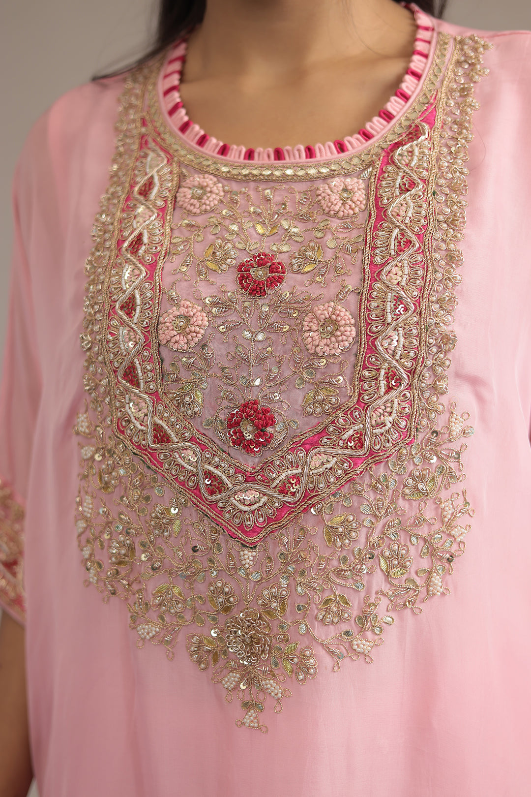 Light Pink Organza Kaftan with Dori, Gota Patti, Thread and Zardozi work