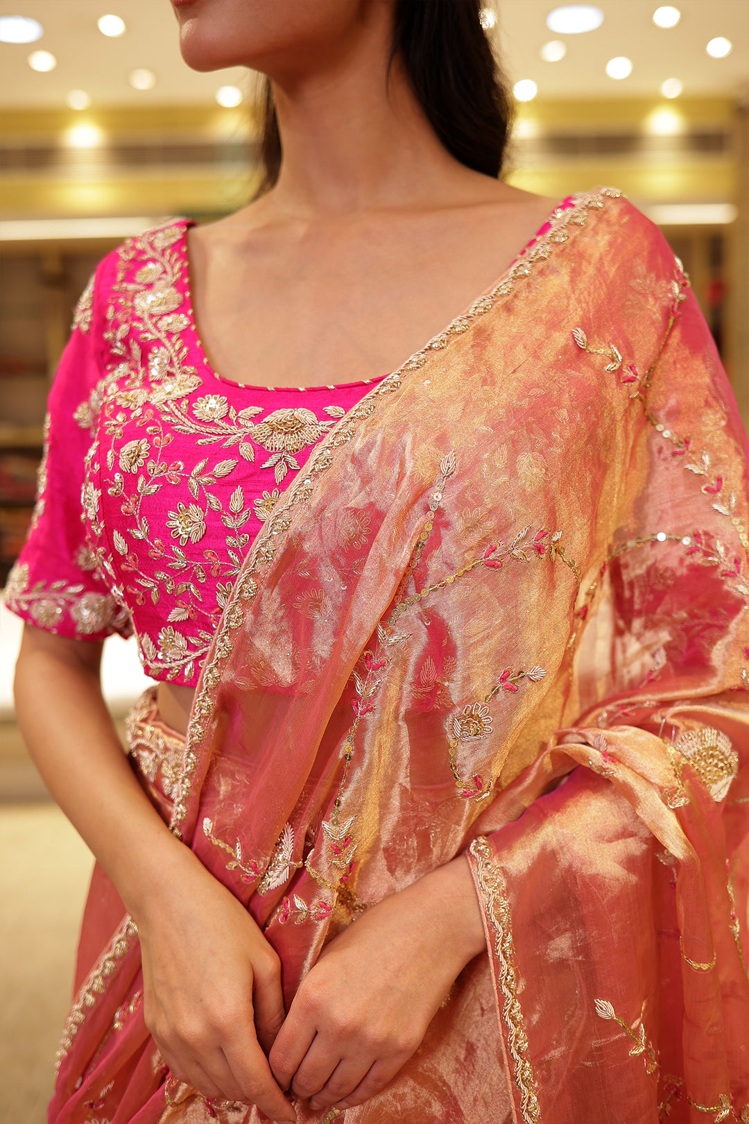 Tissue silk Lehenga with Aari, Zardozi, Zari work