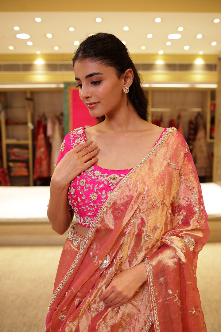 Tissue silk Lehenga with Aari, Zardozi, Zari work